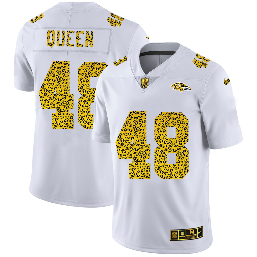 Baltimore Ravens #48 Patrick Queen Men Nike Flocked Leopard Print Vapor Limited NFL Jersey White